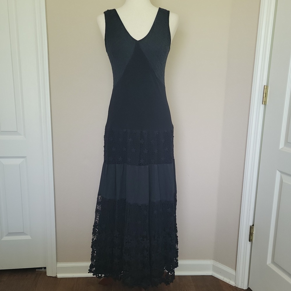 Vintage Christina Black Babydoll Maxi Dress Sz M Smocked Crochet Whimsigoth Y2K